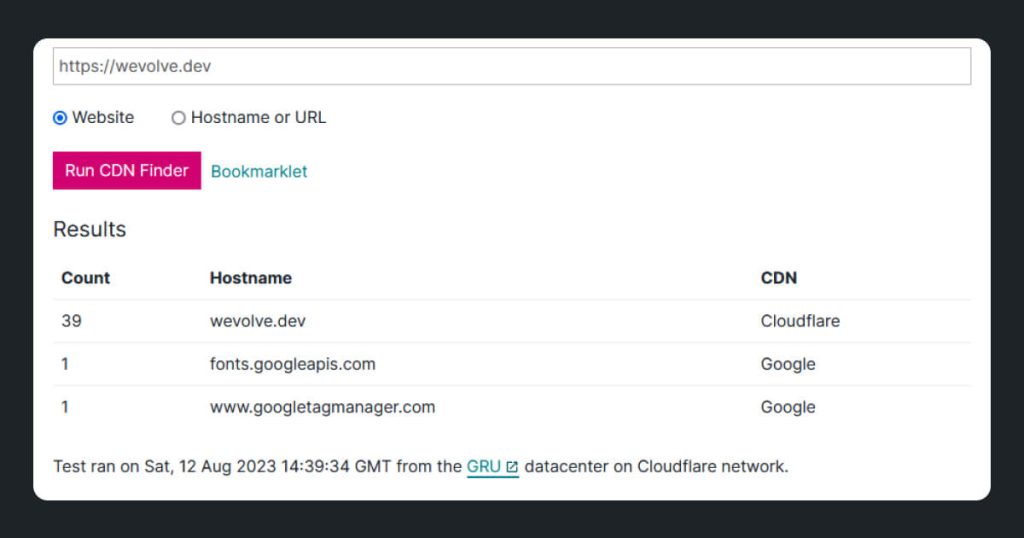 Imagem mostrando resultado da pesquisa de CDN de um domínio