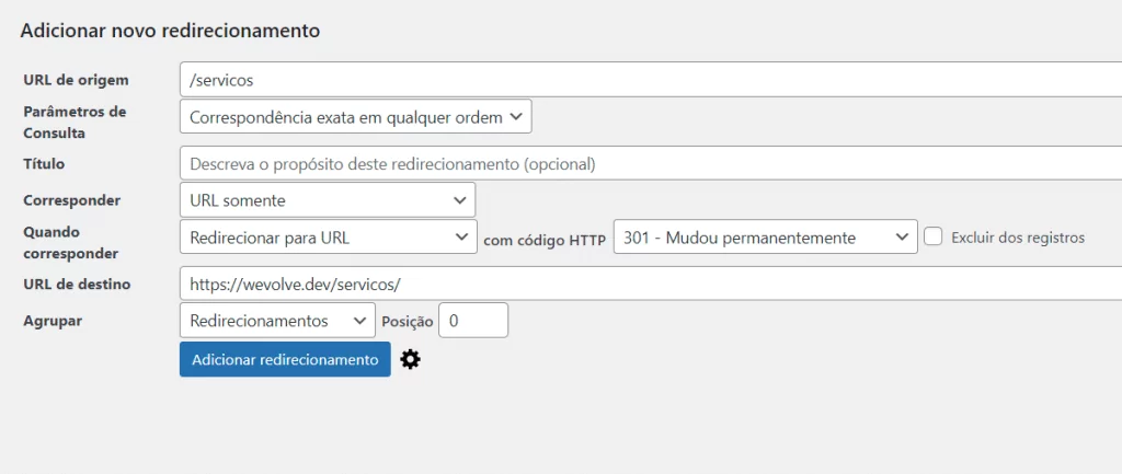 Adicionar novo redirecionamento blog